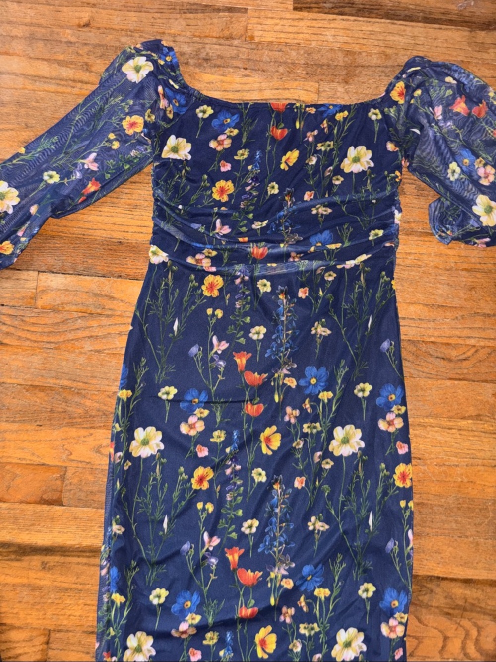 Navy Floral Sheer off the shoulder dress